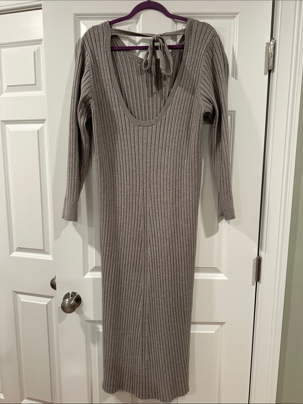 Wayf Taupe Ribbed Back-Tie Long Sleeve Midi Dress